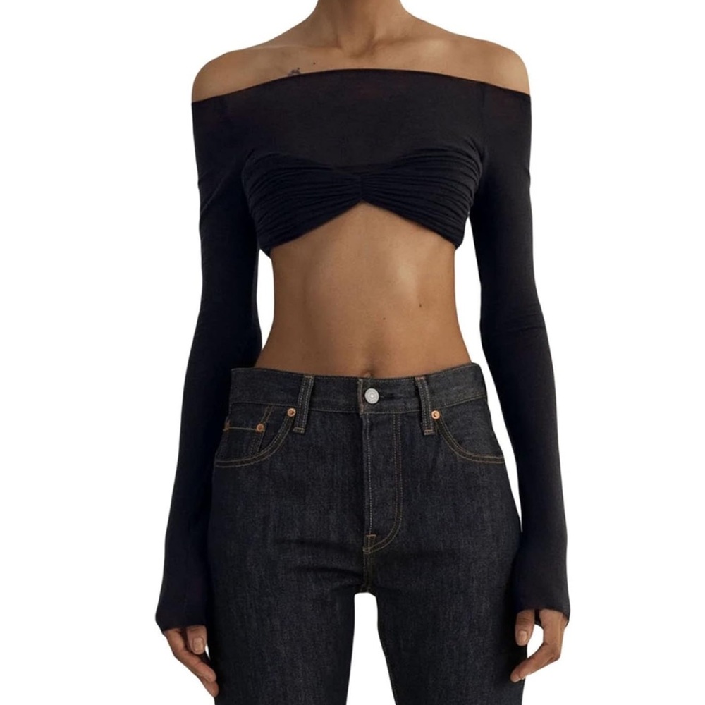 OFF-THE-SHOULDER KNOT FRONT LONG SLEEVE TOP